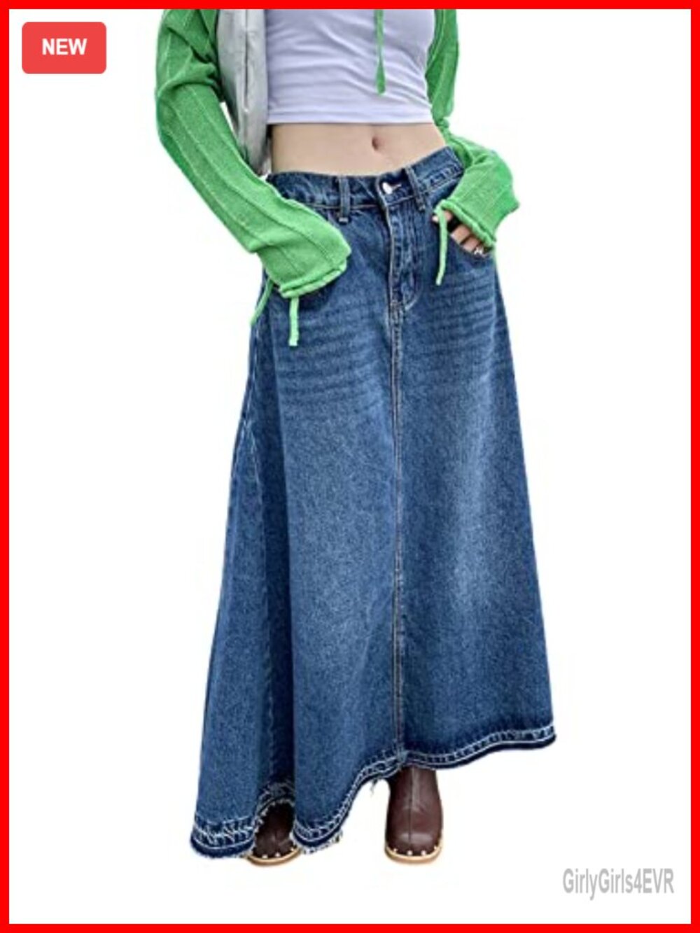 High Waist A-Line Maxi Denim Jean Skirt Raw Hem Elastic Back
